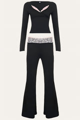 Lace Trim Wrap Top and Low-Rise Flare Pants Set