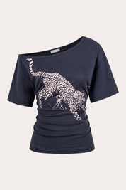 Leopard Graphic Studded Off-Shoulder T-Shirt
