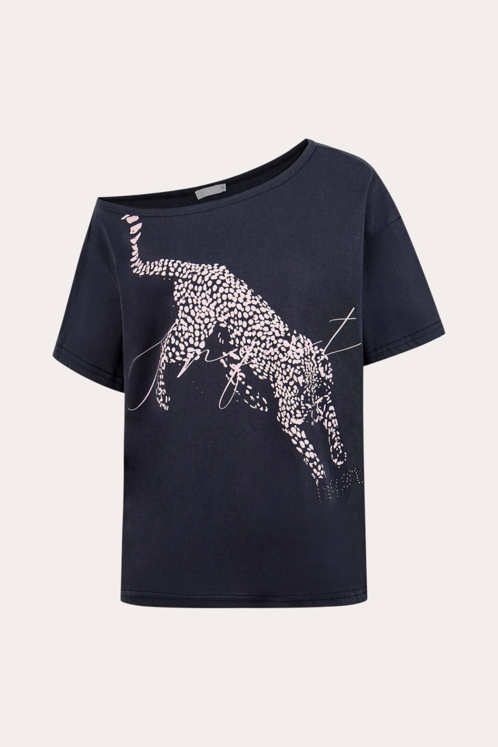 Leopard Graphic Studded Off-Shoulder T-Shirt