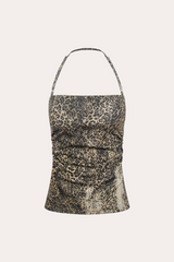 Leopard Print Ruched Halter Crop Tank Top