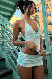 Light Blue Striped Halter Top and Mini Skirt Two Piece Set