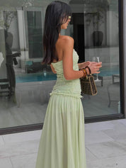 Floral Rosette Strapless Chiffon Maxi Dress