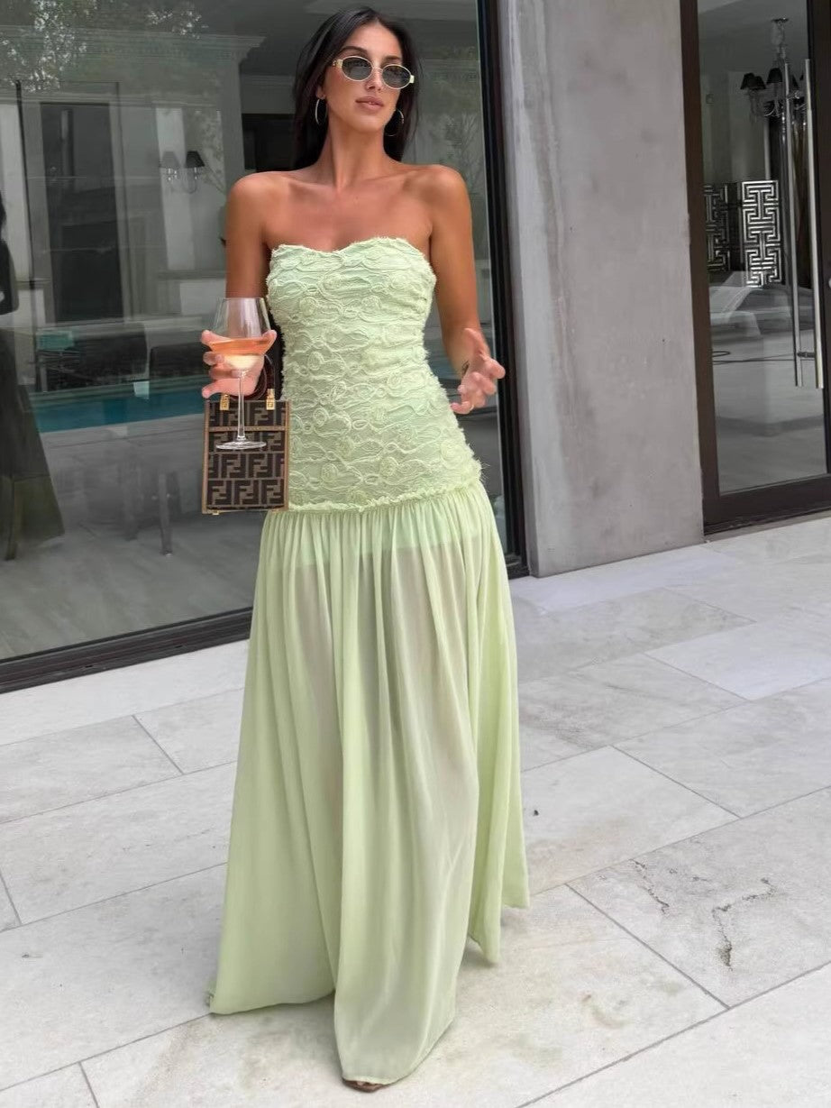 Floral Rosette Strapless Chiffon Maxi Dress