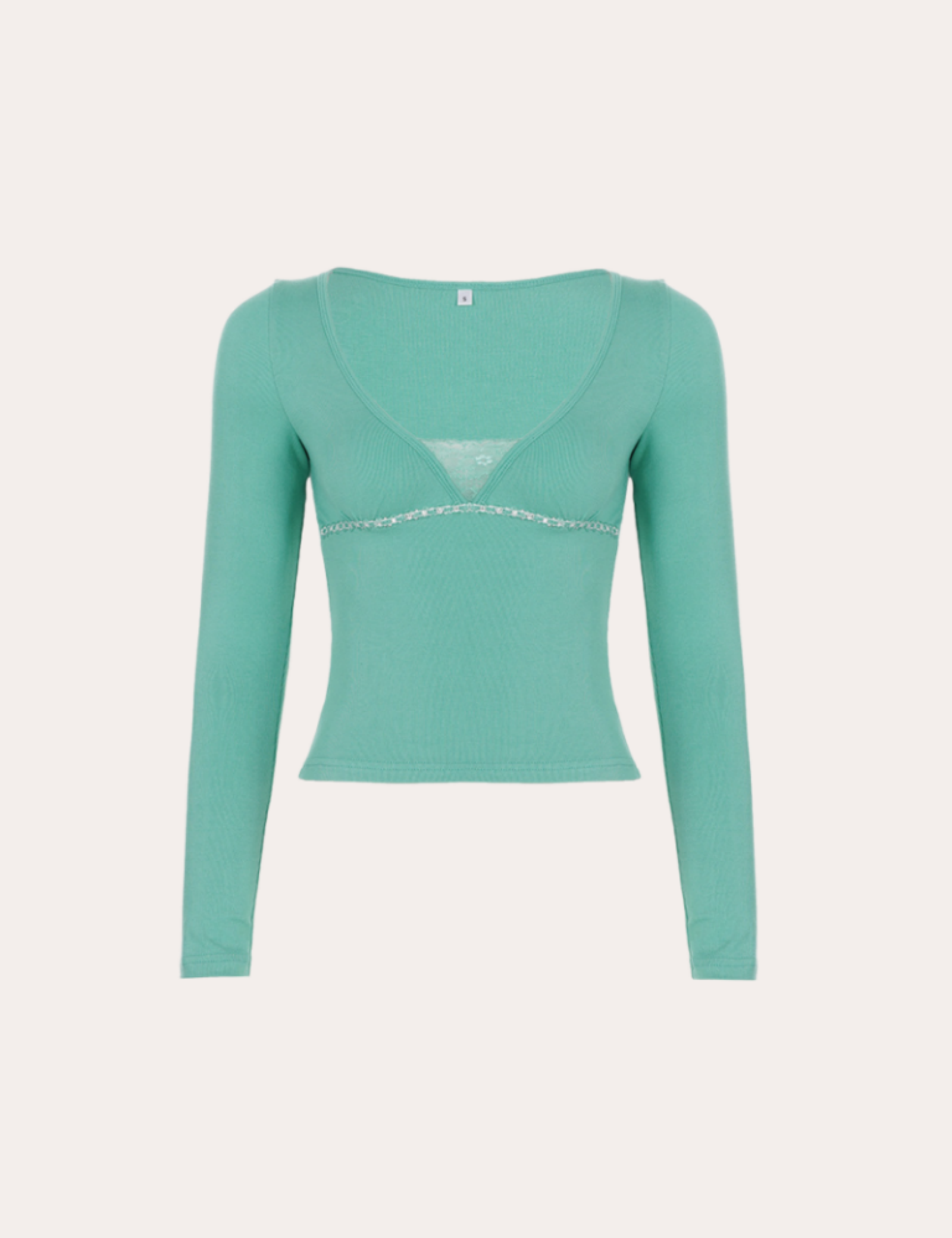 Mint Green Lace Trim Long Sleeve Crop Top