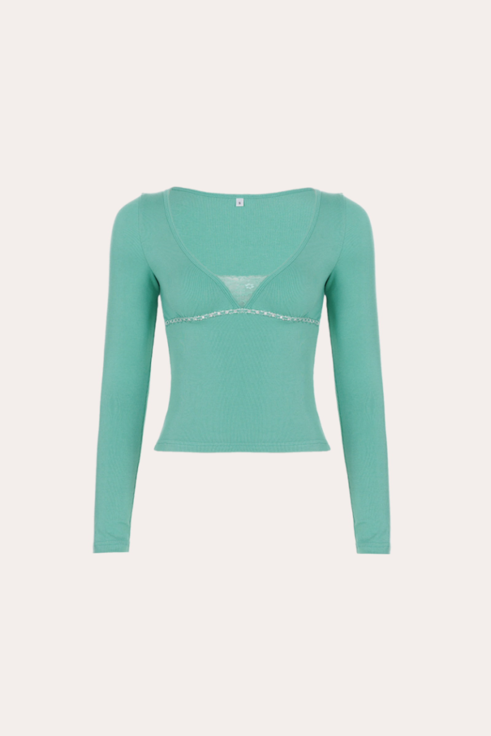 Mint Green Lace Trim Long Sleeve Crop Top