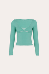 Mint Green Lace Trim Long Sleeve Crop Top