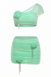 Two-Piece Set Floral Ruched Top and Mini Skirt
