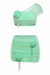 Two-Piece Set Floral Ruched Top and Mini Skirt