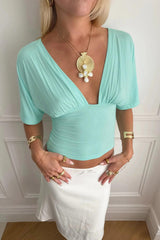 Mint Green Plunging V Neck Ruched Crop Top
