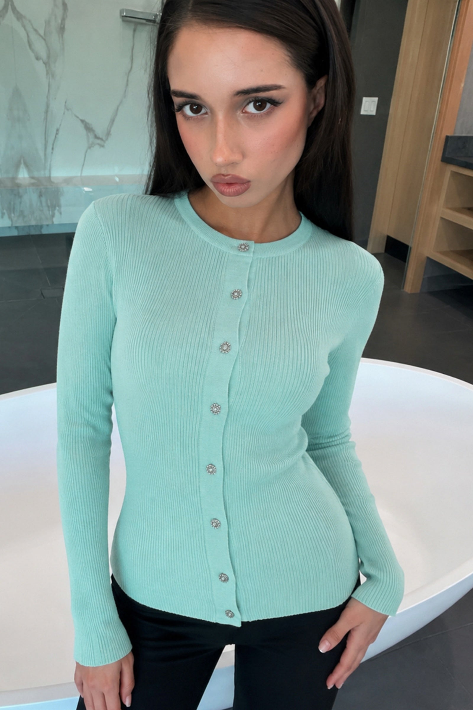 Mint Green Rhinestone Button Ribbed Cardigan Top