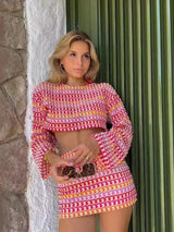 Multi-Color Crochet Knit Mini Skirt Set