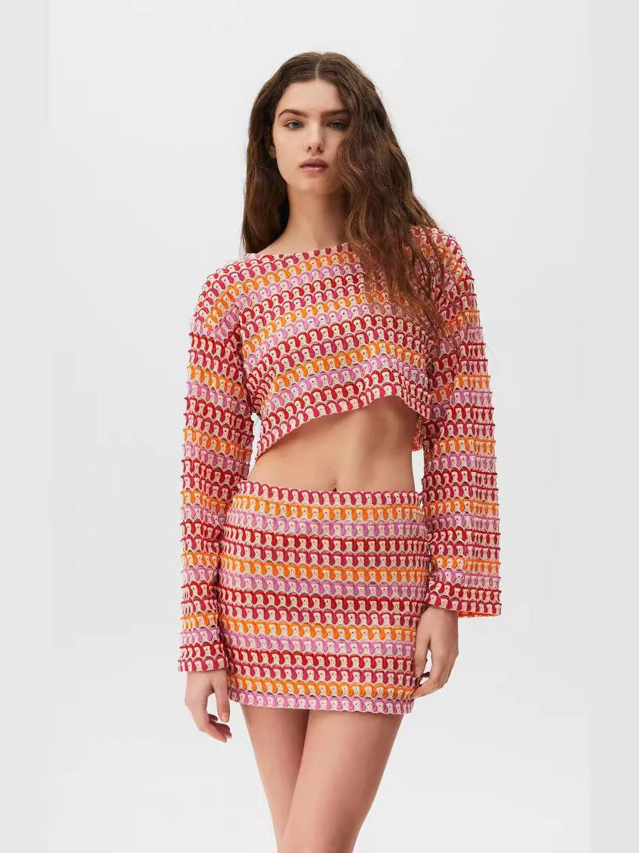 Multi-Color Crochet Knit Mini Skirt Set