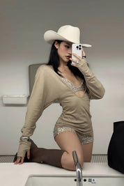 3-Piece Sequin Set Long Sleeve Cover Up Sequin Top & Shorts