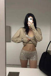 3-Piece Sequin Set Long Sleeve Cover Up Sequin Top & Shorts