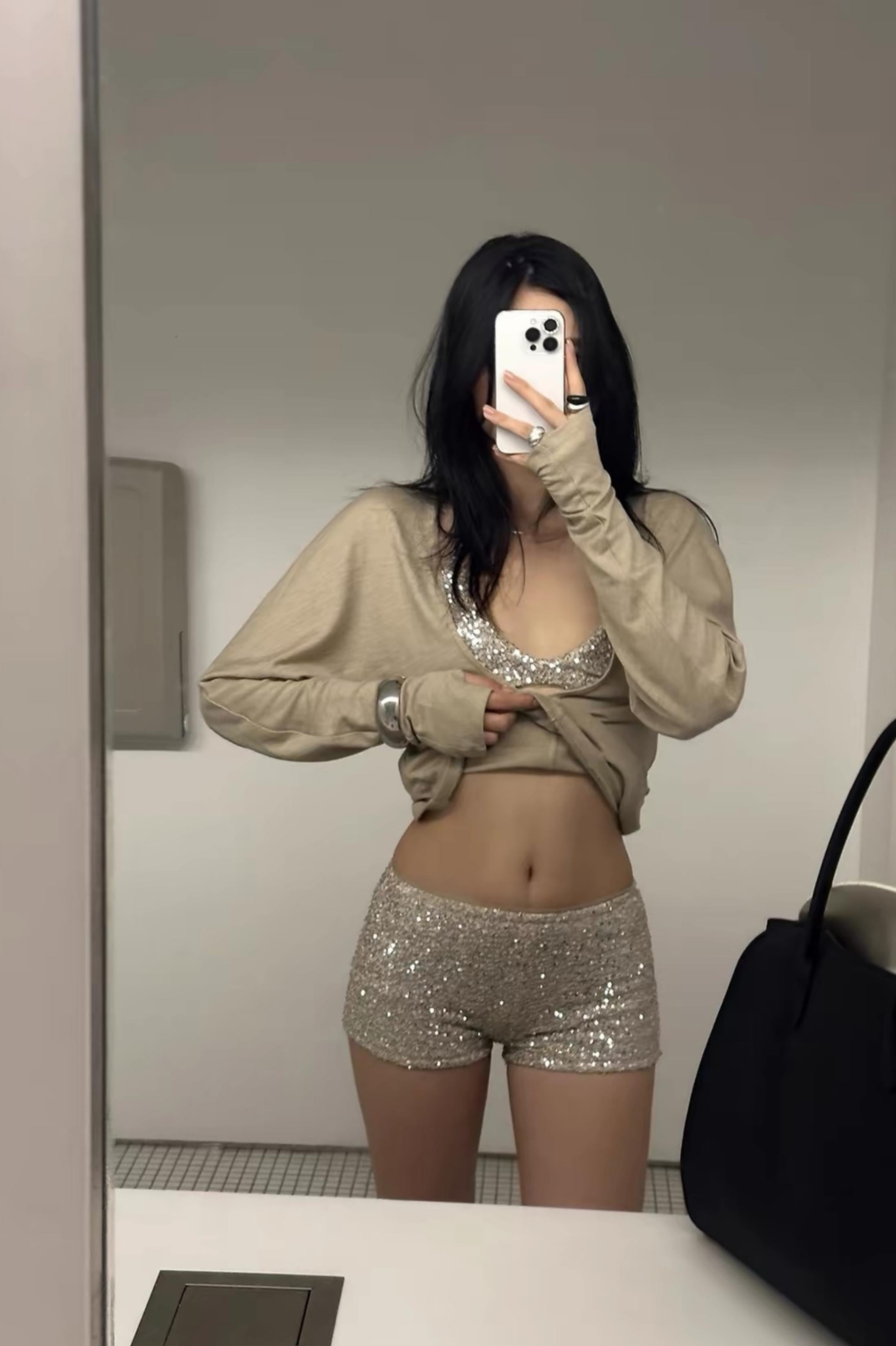 3-Piece Sequin Set Long Sleeve Cover Up Sequin Top & Shorts