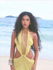 Beaded Halter Cut Out Ruched Maxi Dress