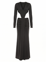 Elegant Nude and Black Long Sleeve Maxi Dress