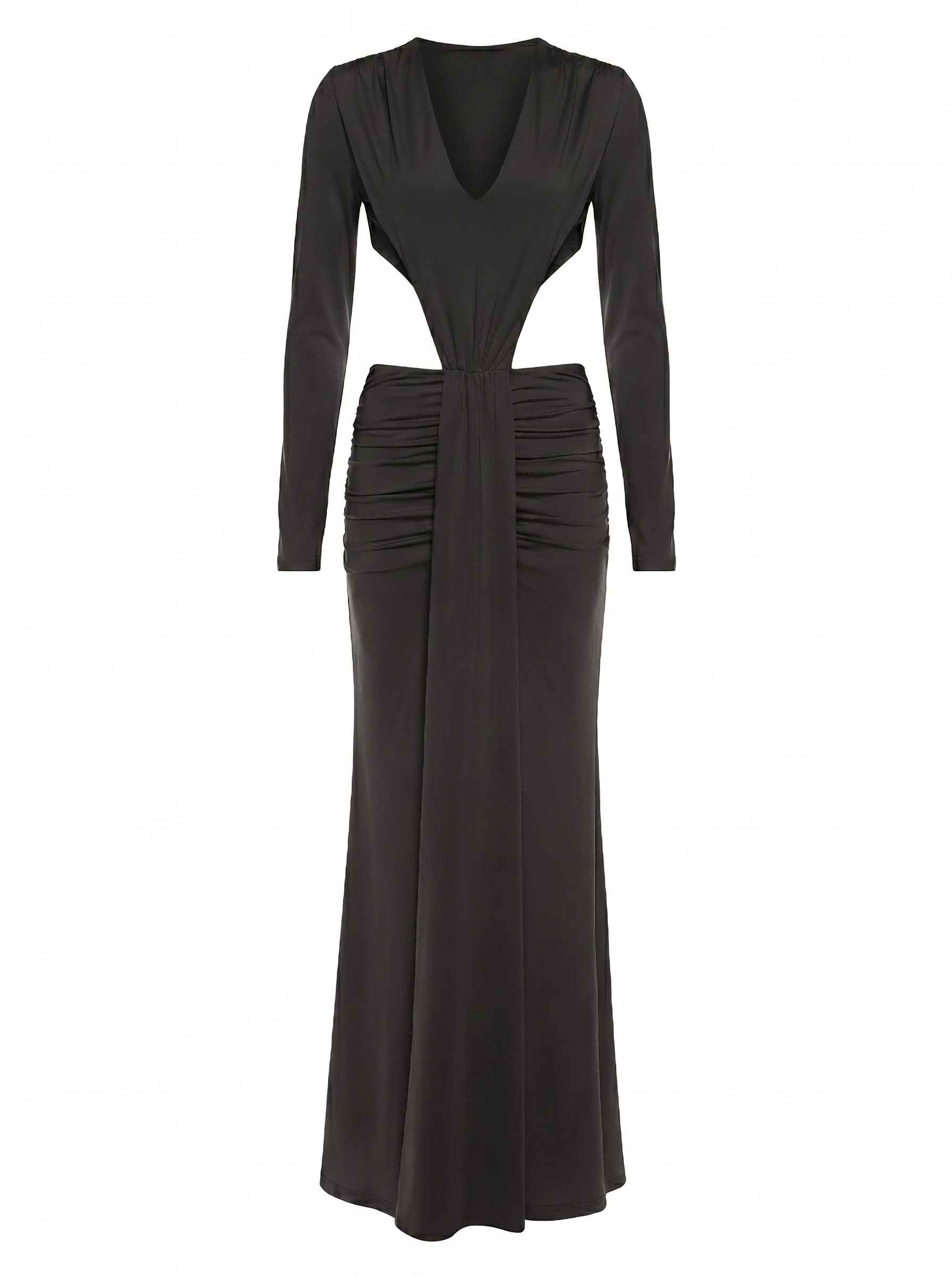 Elegant Nude and Black Long Sleeve Maxi Dress