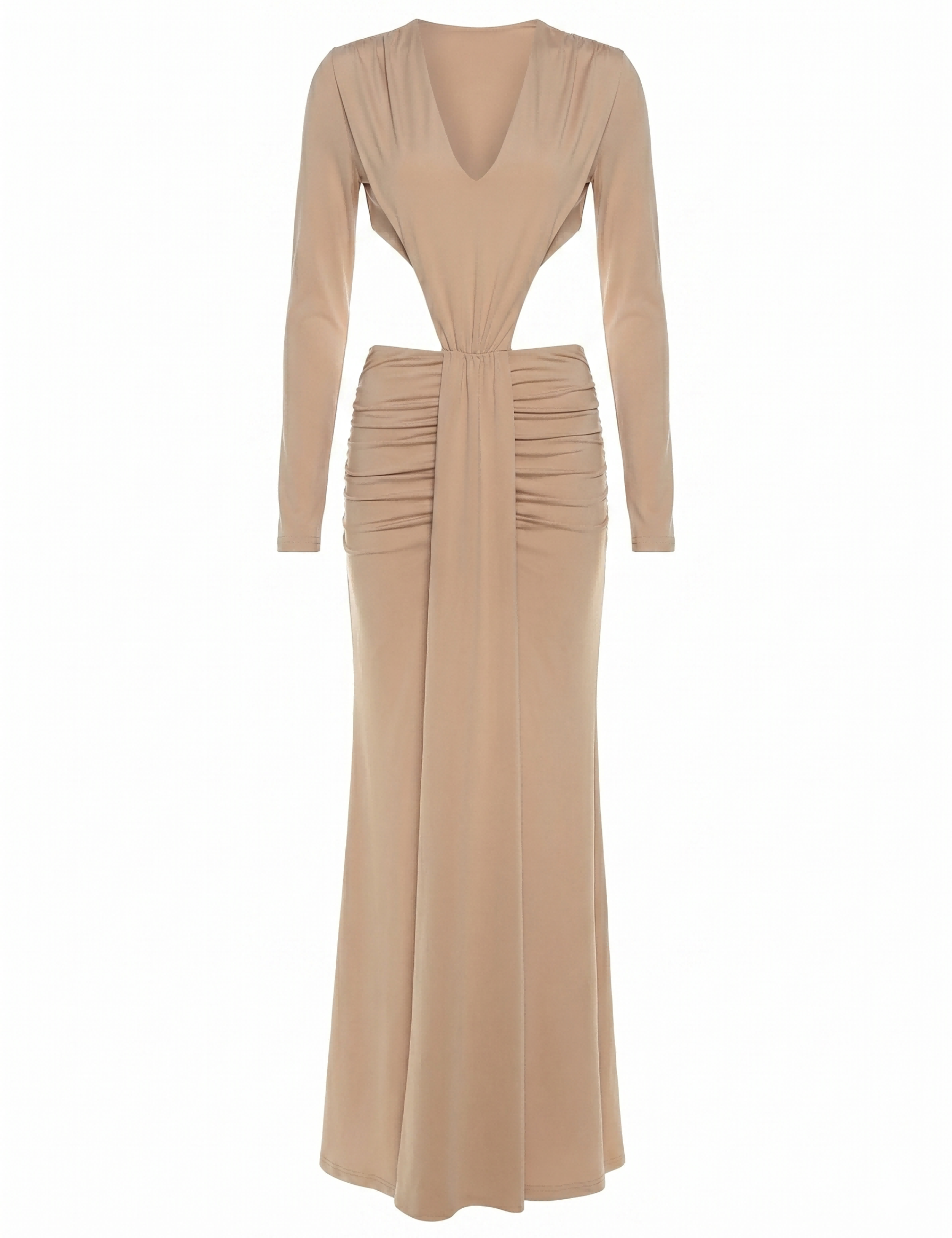 Elegant Nude and Black Long Sleeve Maxi Dress