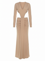 Elegant Nude and Black Long Sleeve Maxi Dress