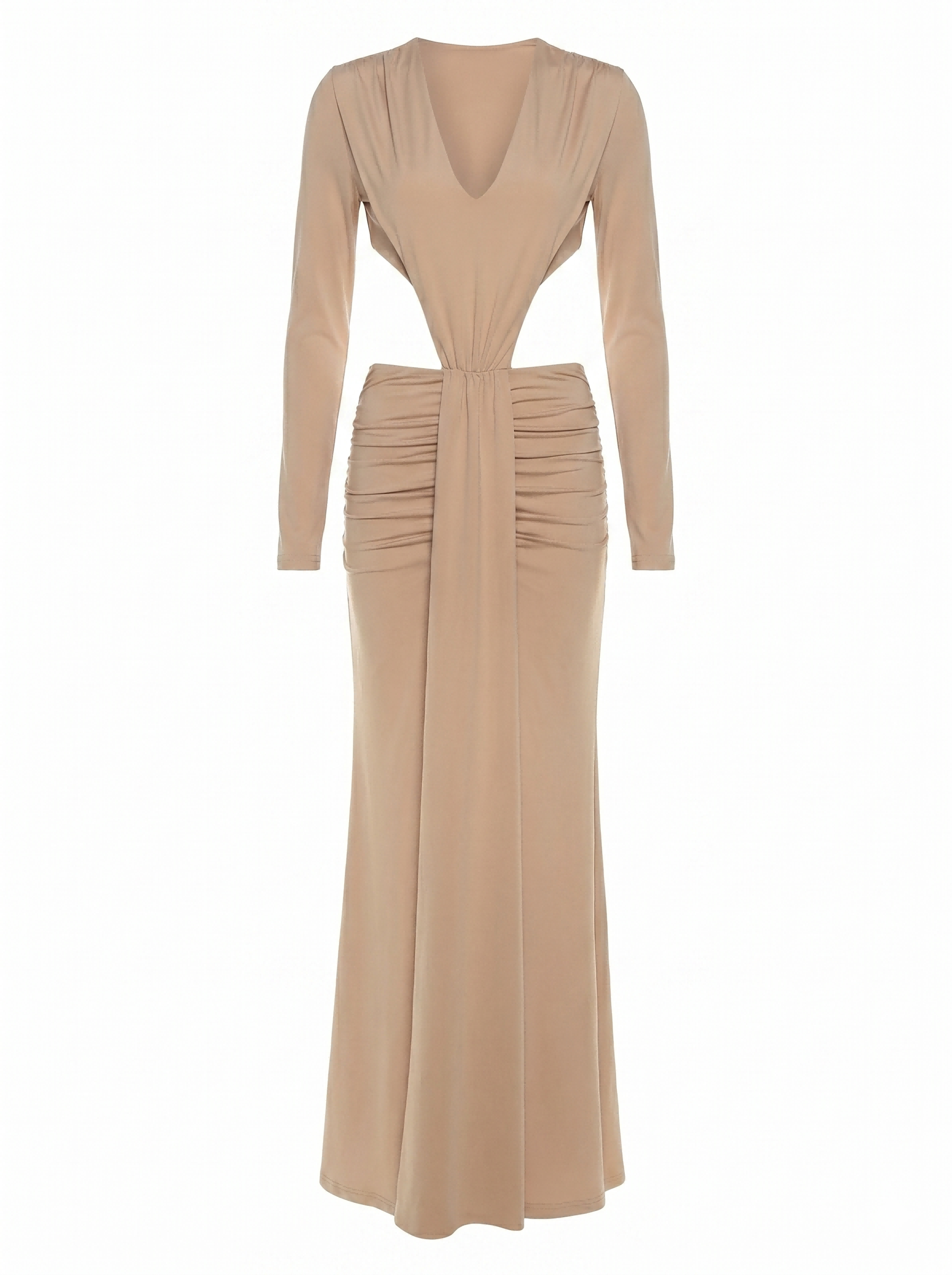 Elegant Nude and Black Long Sleeve Maxi Dress