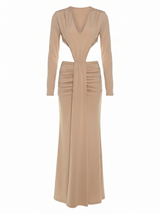 Elegant Nude and Black Long Sleeve Maxi Dress