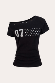 Number 07 Star Graphic Off-Shoulder T-Shirt