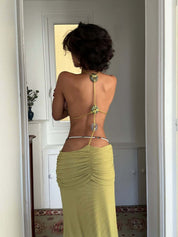 Beaded Halter Cut Out Ruched Maxi Dress