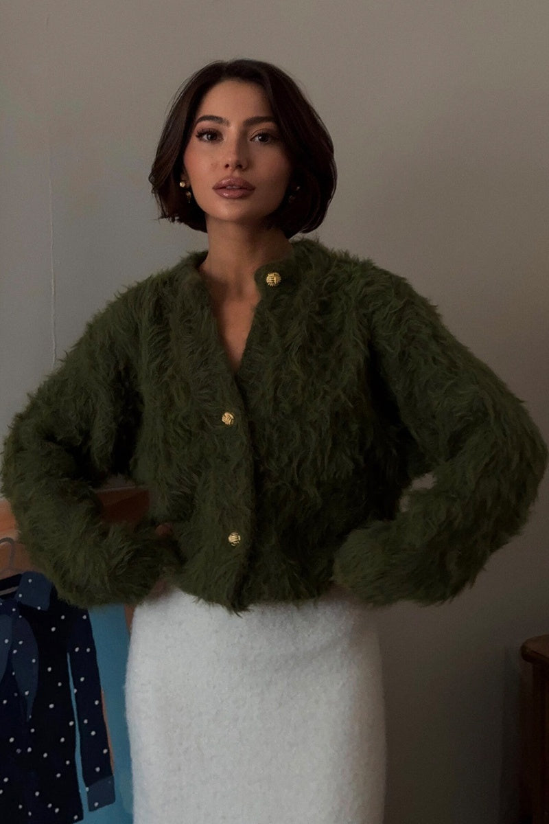 Fluffy Olive Green Fuzzy Knit Crop Cardigan Sweater Top