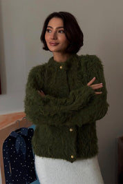 Fluffy Olive Green Fuzzy Knit Crop Cardigan Sweater Top