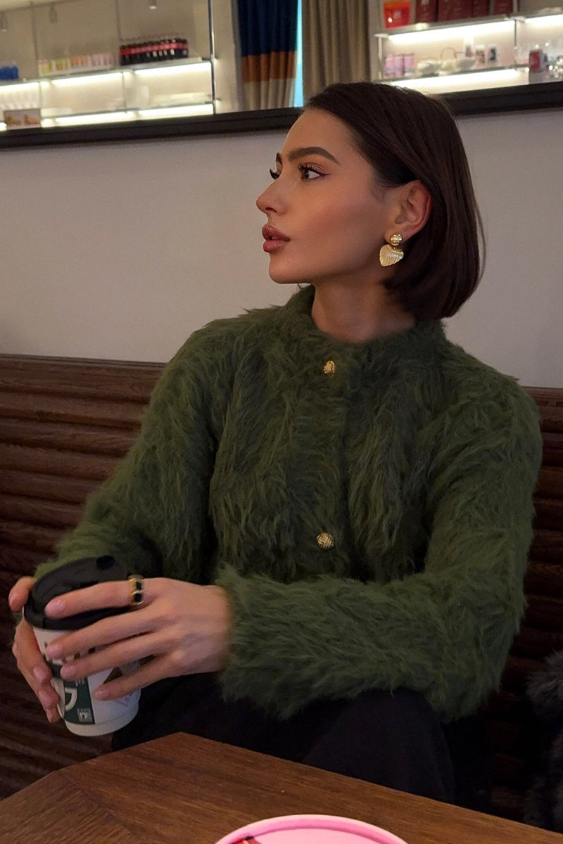 Fluffy Olive Green Fuzzy Knit Crop Cardigan Sweater Top