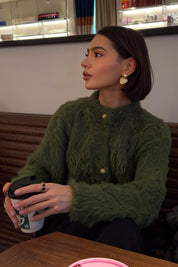 Fluffy Olive Green Fuzzy Knit Crop Cardigan Sweater Top