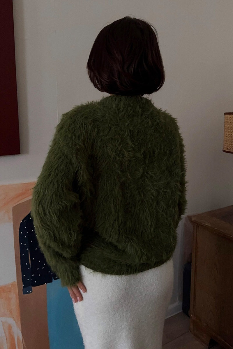 Fluffy Olive Green Fuzzy Knit Crop Cardigan Sweater Top