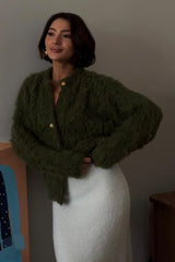Fluffy Olive Green Fuzzy Knit Crop Cardigan Sweater Top