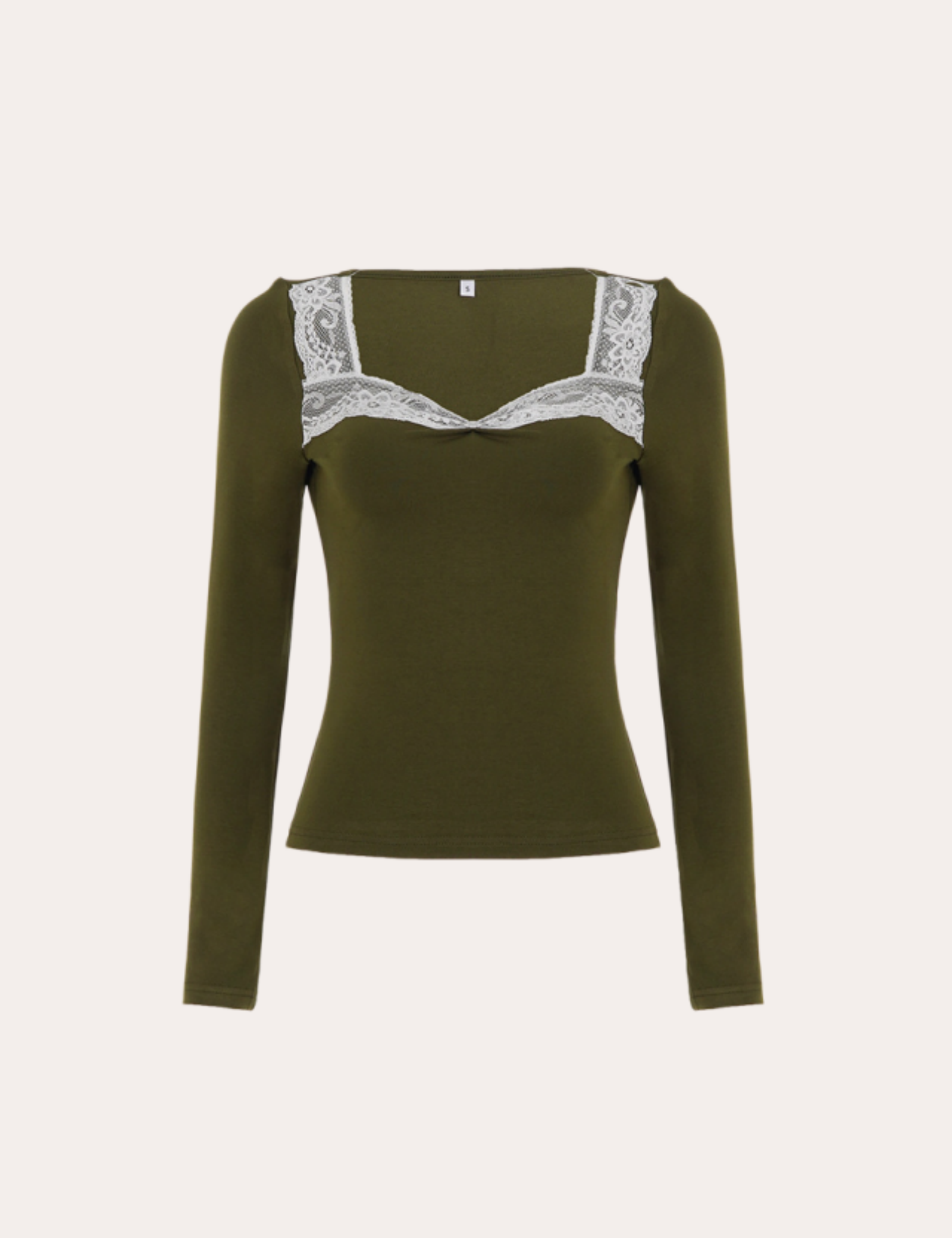 Olive Green Lace Trim Square Neck Long Sleeve Top