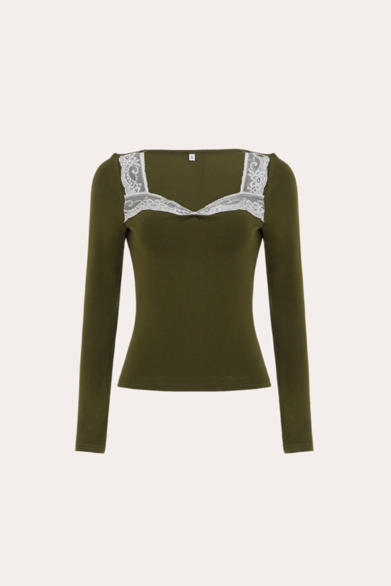 Olive Green Lace Trim Square Neck Long Sleeve Top
