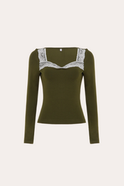 Olive Green Lace Trim Square Neck Long Sleeve Top