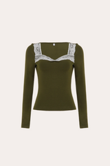 Olive Green Lace Trim Square Neck Long Sleeve Top
