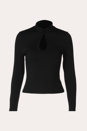 Black Mandarin Collar Keyhole Long Sleeve Top