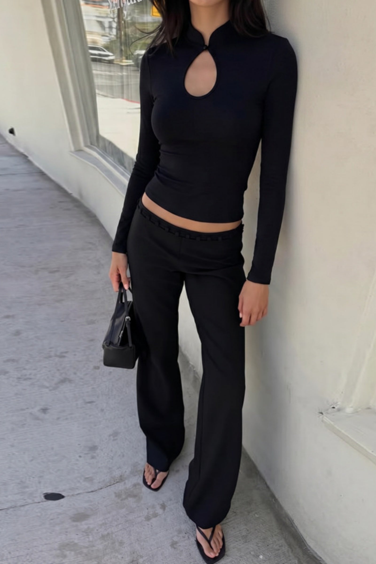 Black Mandarin Collar Keyhole Long Sleeve Top