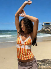 Orange Striped Lace Trim Ruched Halter Top