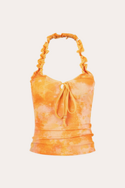Orange Tie-Dye Ruffled Halter Crop Tank Top