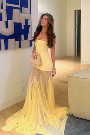 Pale Yellow Strapless Mesh Sheer Panel Maxi Dress