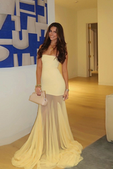 Pale Yellow Strapless Mesh Sheer Panel Maxi Dress