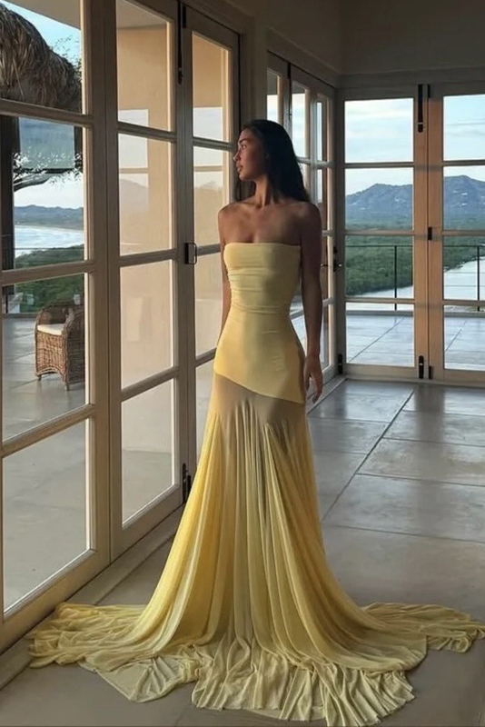 Pale Yellow Strapless Mesh Sheer Panel Maxi Dress