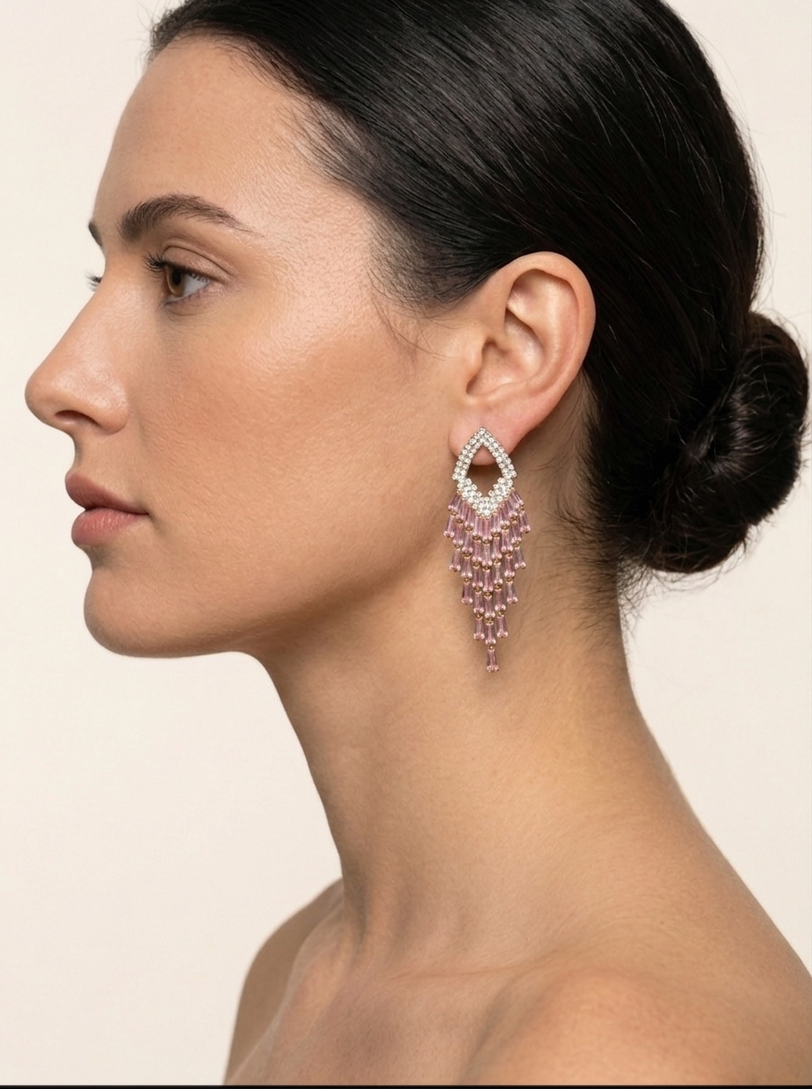 Pink Crystal Tassel Chandelier Earrings