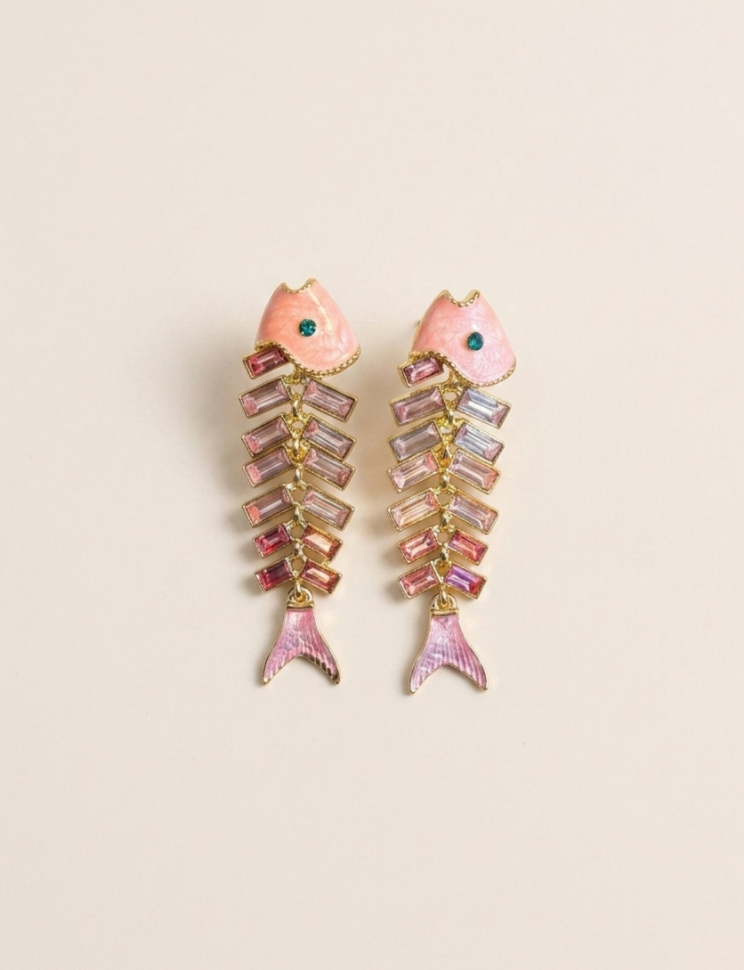 French Vintage Pink Fishbone Drop Earrings