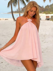 Pink Halter Rose Accent Backless Mini Dress