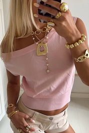 Pink Off-the-Shoulder Short Sleeve Knit Crop Top