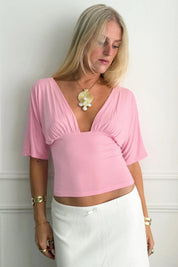 Y2K Pink Plunging V Neck Ruched Bust Crop Top